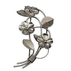 Vintage Sterling Silver Floral Brooch Pin W/ Three Blooming Flowers & Leaves 925